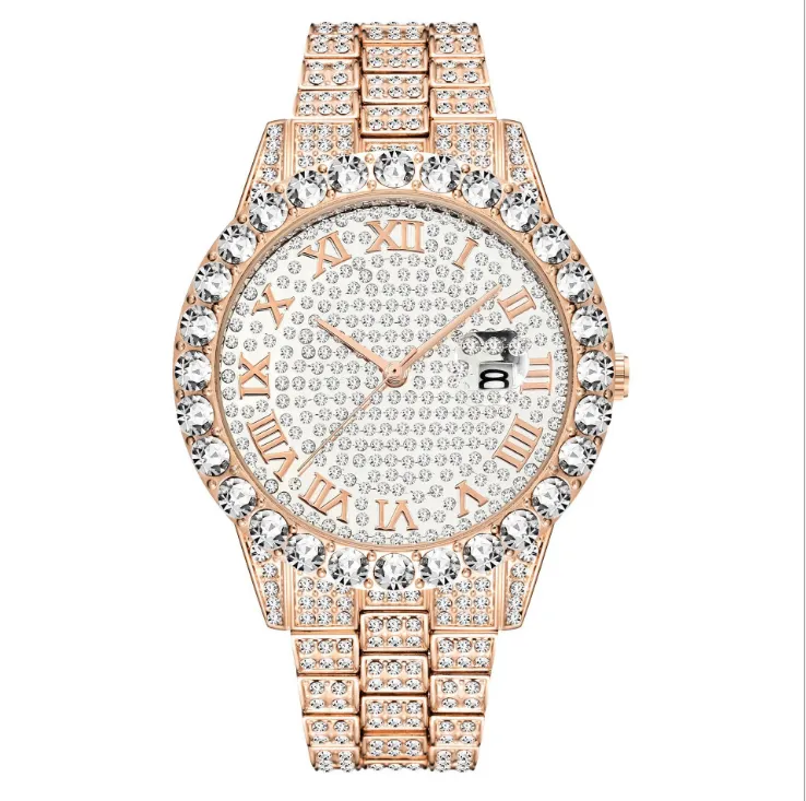 MISSFOX européen Hip Hop plein diamant hommes montres Bracelet Quartz calendrier minéral Hardlex miroir montre-bracelet fabricants Direc185e
