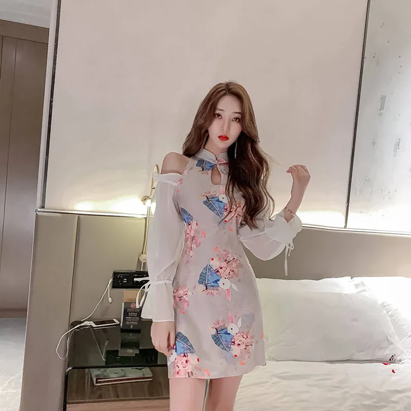 Women's Spring Autumn Chinese Improved Cheongsam Print Dress Chiffon Off-the-shoulder Flare Sleeve Slim Fit Mini ML621 210506