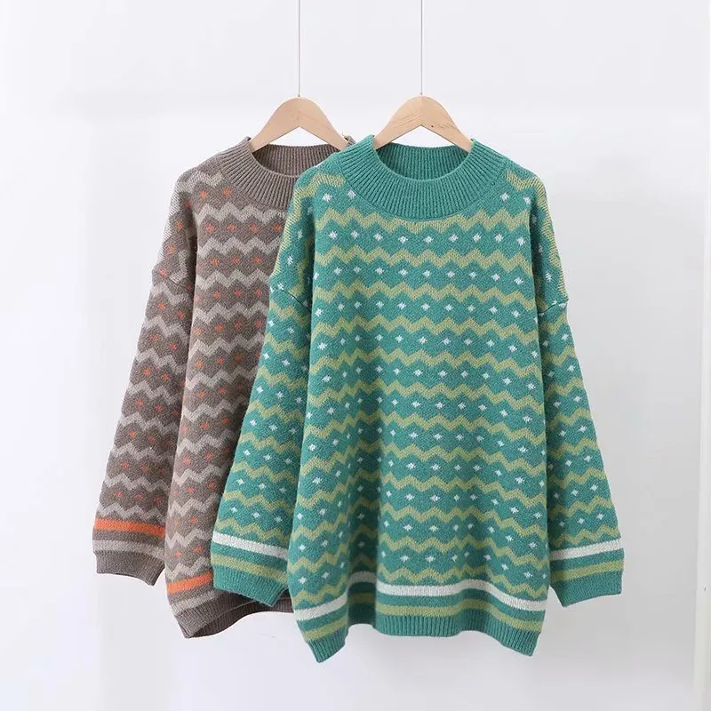 H.SA冬の特大の縞模様のセーターとジャンパー厚い暖かい緑のセーターの幾何学的プルフェムムヌービエート210417