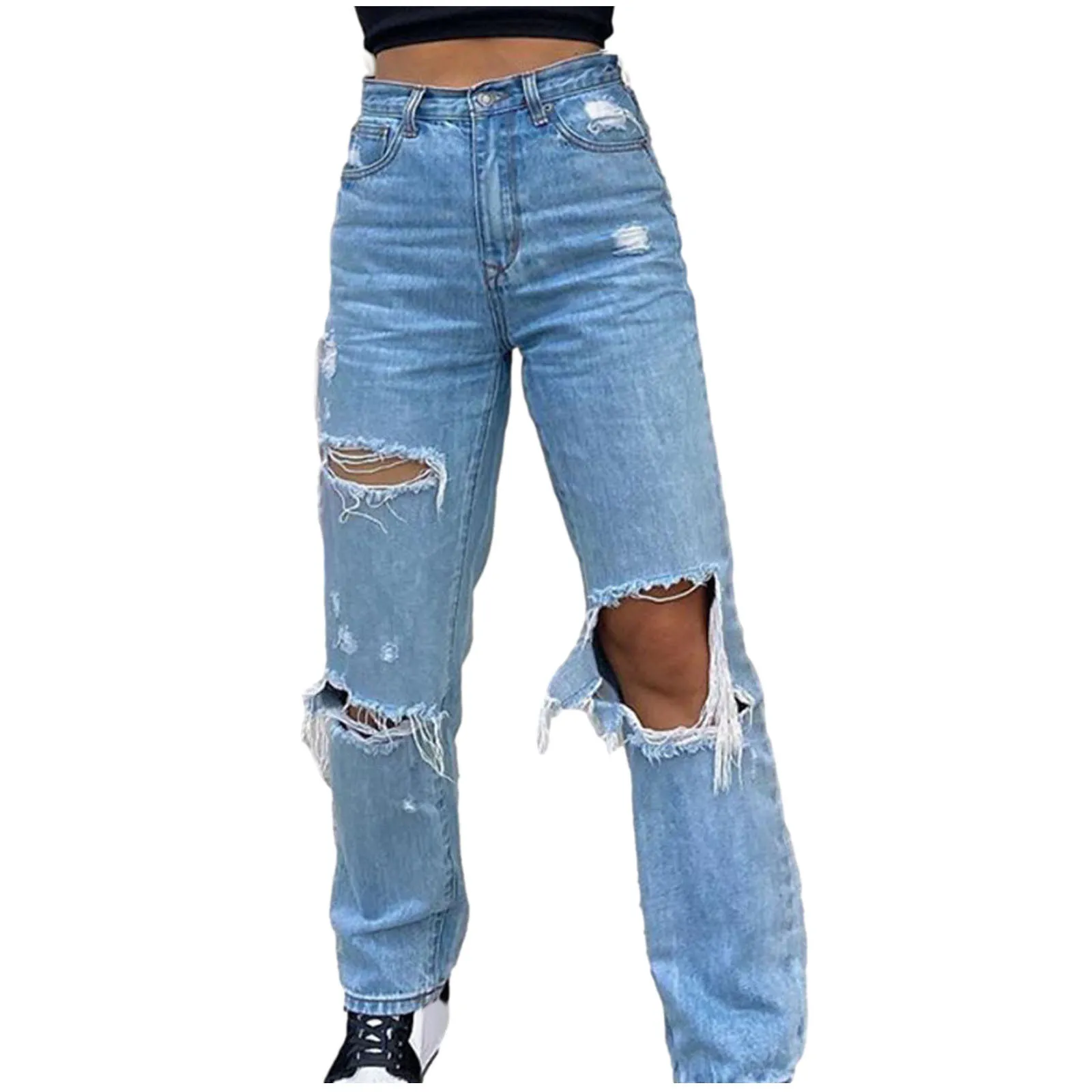 Jean à la taille élevée pour les femmes plus Taille Casual Casual Pantalon Direct Pantalon Mom Hole Jeans Boyfriend Jeans Mujer Vaqueros Cabot