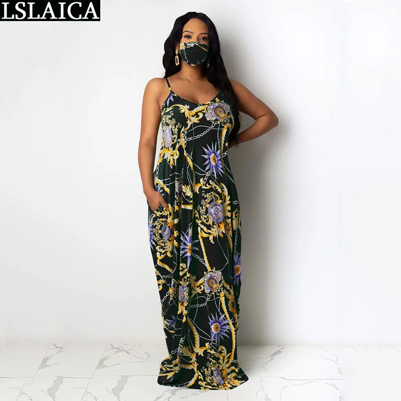 Vestidos de Verão para Mulheres Sem Mangas Imprimir Casual Big Swing Long Party Elegant Beach Plus Size Roupas Clube 210515