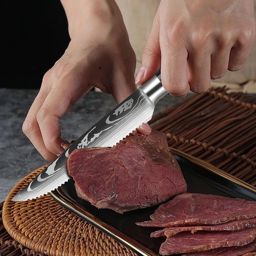 Tırtıklı biftek bıçakları şam deseni 7CR17 Paslanmaz Çelik Meyve Sığır Etiaver Akşam Yemeği Çatal Teşheri Masa Bıçağı Ahşap Tutamak Bulaşık Sarıştırma2750976
