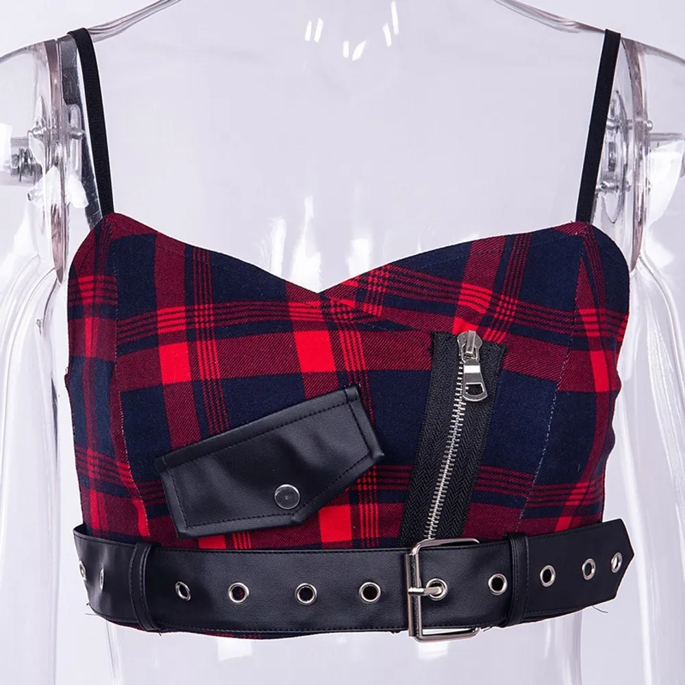 Rosetic Sexy Strap Tank Top Women Gothic Red Plaid Zipper Holes Pocket Streetwear Punk Girl Summer Casual Chic Crop Tops 210401