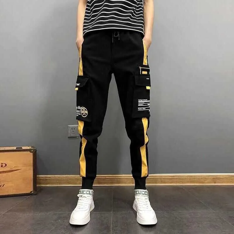 Nouveaux hommes rubans noir poche cargo pantalon 2021 mode étudiant harem joggers harajuku pantalon de survêtement hip hop pantalon décontracté y0927