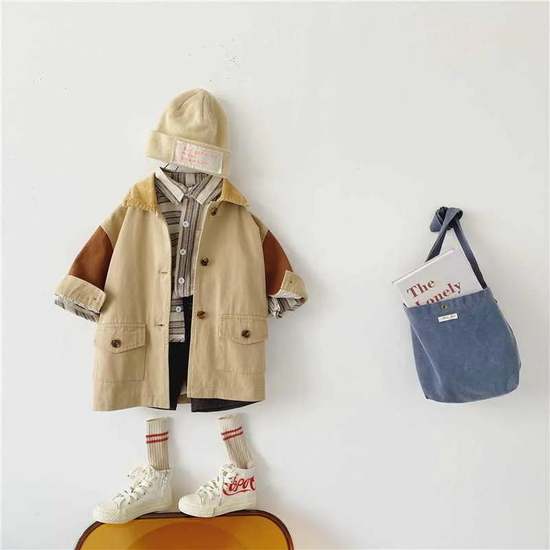 Spring Korean Style Kids Boys Girls Trench Casual Patchwork Pocket Outwear Children Fashion Clothes E5024 210610