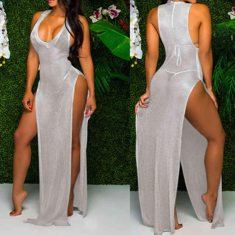 Mujeres sexy verano malla pura playa maix vestido sin mangas con cuello en v lado dividido con cordones sólido empalme bikini encubrimientos vestidos 210517