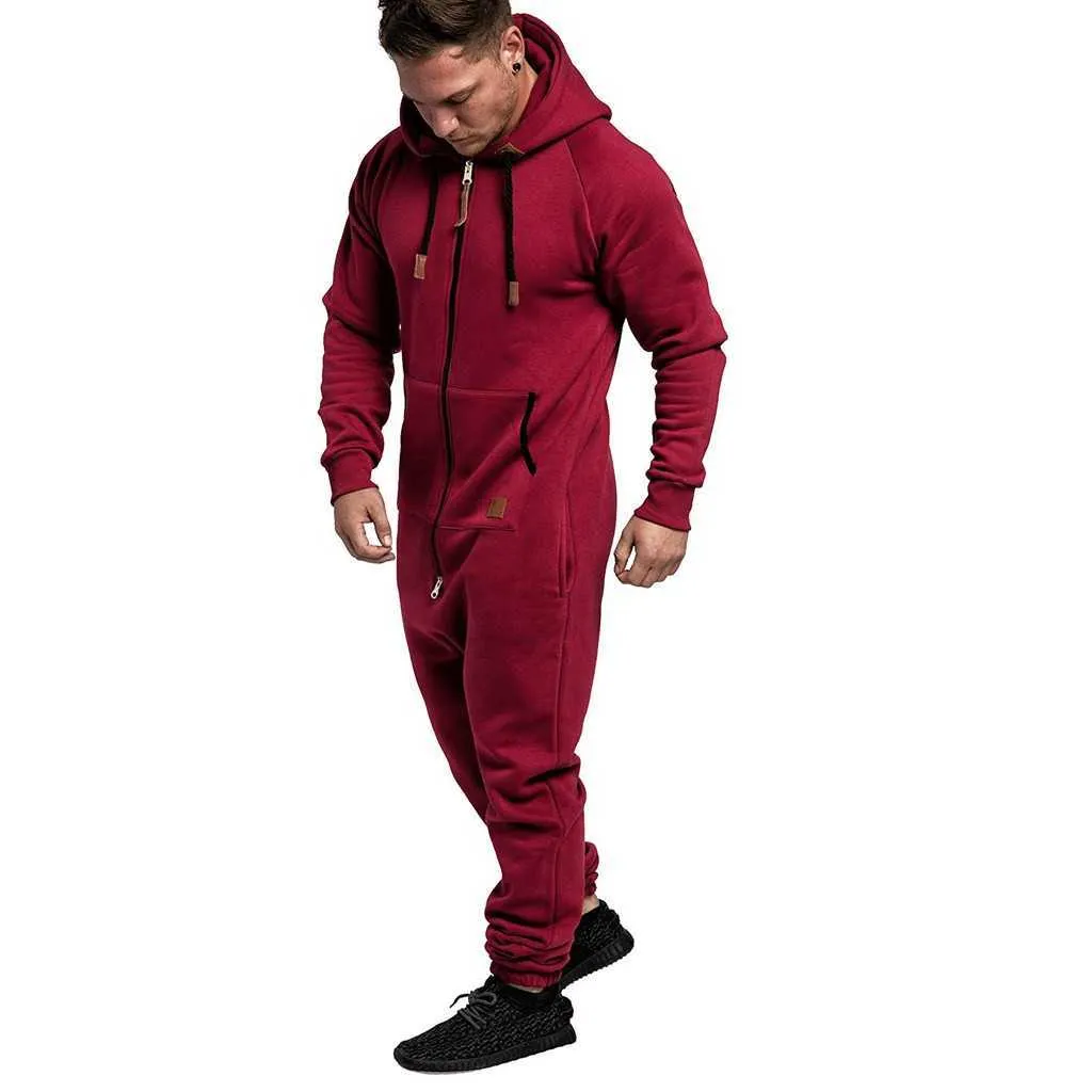 New Men's Jumpsuits One-piece Garment Pajama Streetwear Men Pure Color Splicing Autumn Winter Casual Hoodie Zipper Jumpsuit X0610