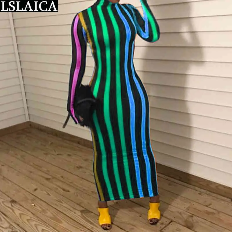 Turtleneck färgglada randiga maxi klänning kvinnor höst mode långärmad hög midja skinny streetwear sexig club 210515