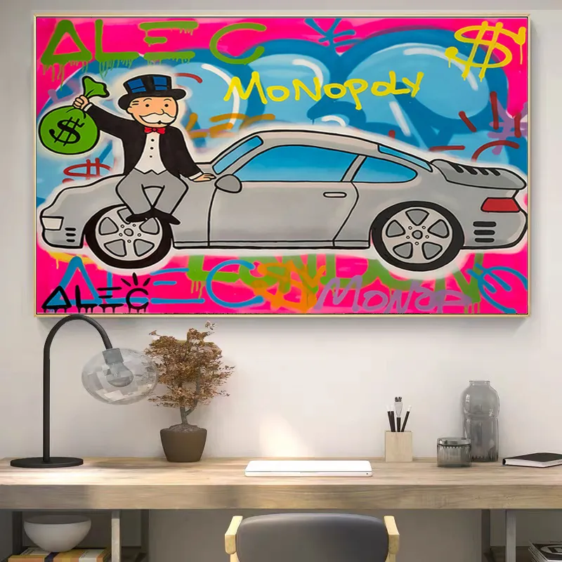 Graffiti Old Man com bolsa de dinheiro e pôsteres de carros e impressões de Alec Pinturas de lona Printuras de arte de parede para sala de estar Dec37047788