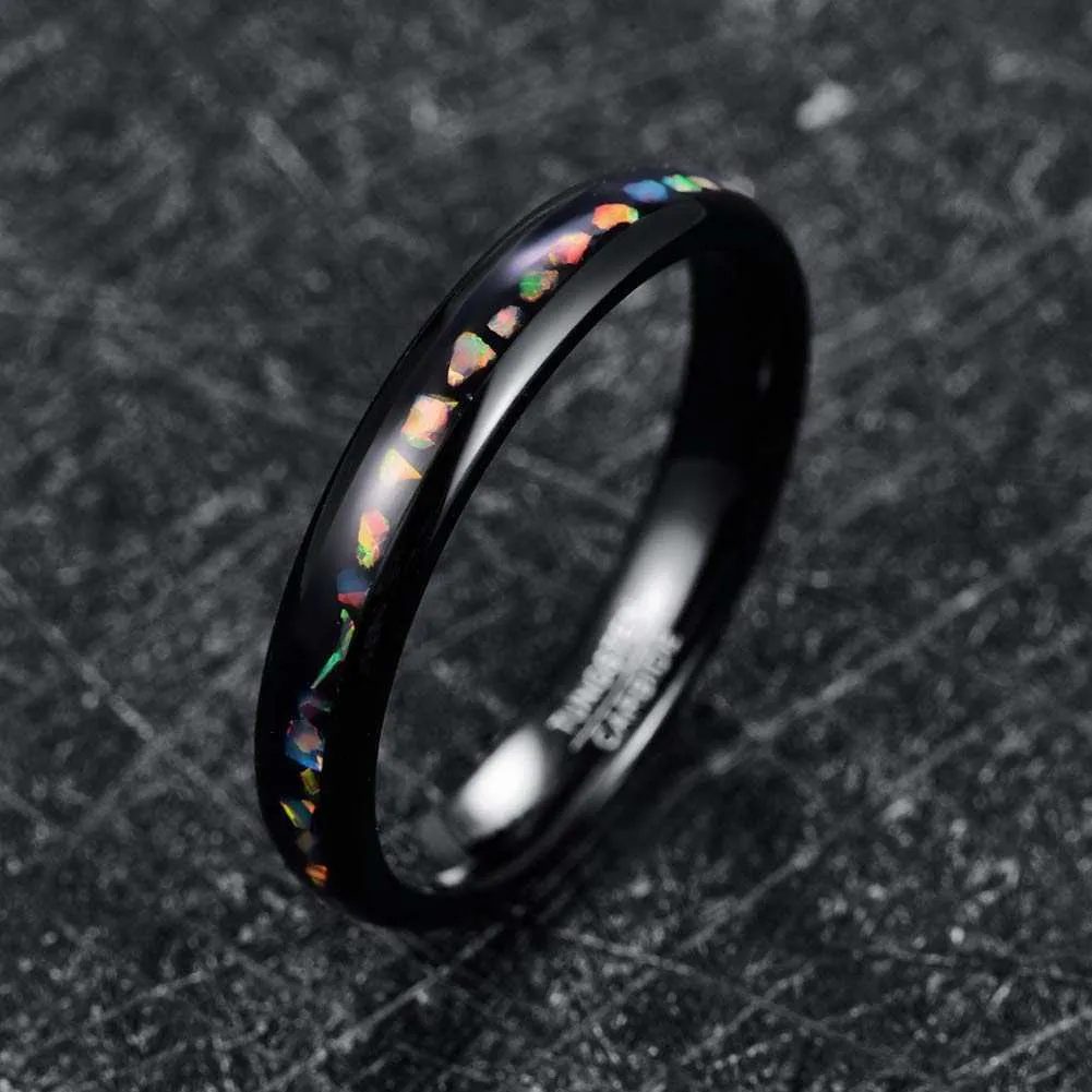 Wolframcarbid-Ring Crushed Fire Opal Herren Damen Schwarzer Kuppel-Ehering Bequeme Passform Wolframstahlring 210924265y