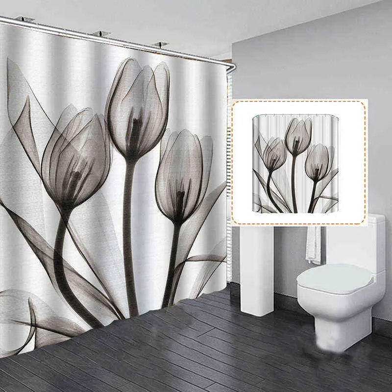 Tenda da doccia con motivo floreale a tulipano Tenda da doccia bagno Tessuto in poliestere Tenda da bagno con stampa 3D con ganci Decorazioni il bagno di casa 211116
