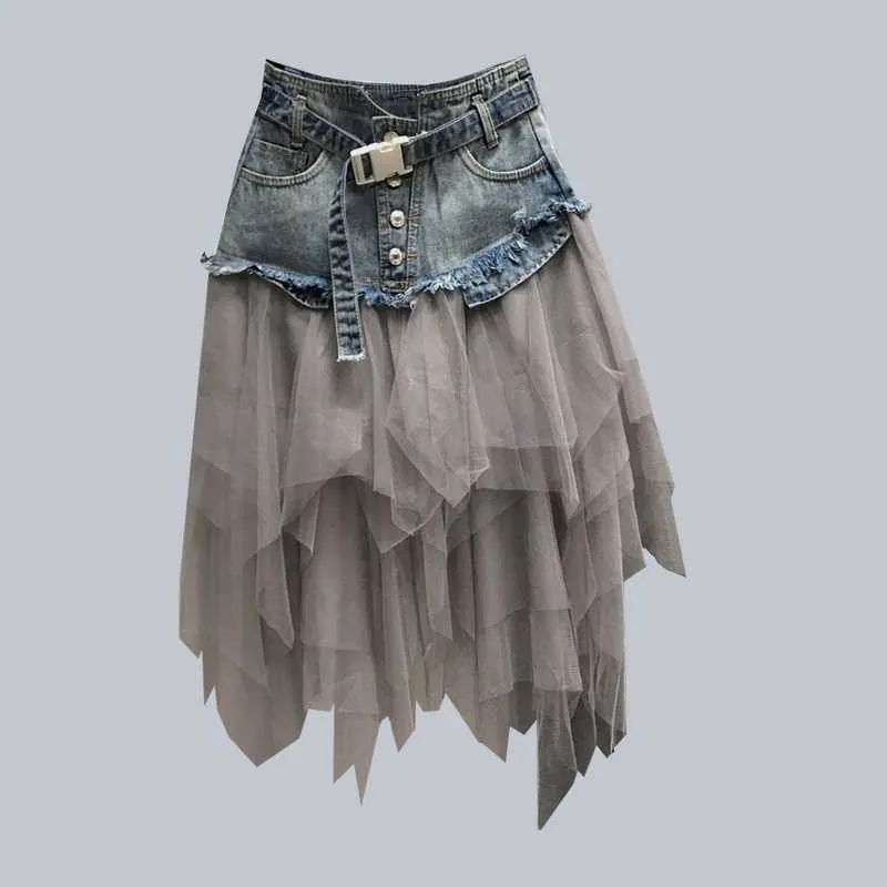 Kvinnor Denim Mesh Patchwork Lace Skirt Hög midja En linje Asymmetrisk Frill Tulle Gothic Chic Skirts 210721