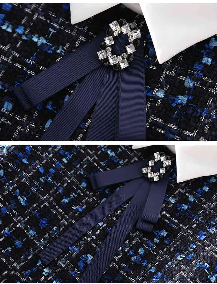 وصول صدر طية تباين اللون ربطة عنق المزينة بالخرز A-Line Tweed Gress Women Navy Blue Woolen Short Plus Size S-XXL 210525251D