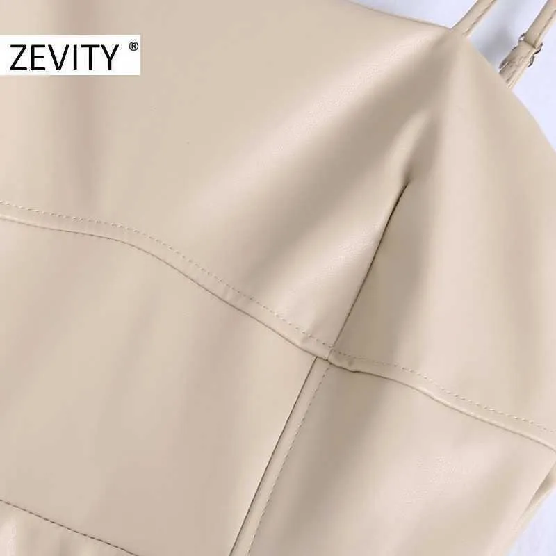 Zevity Women Vintage Solid Faux Leather Casual Sling Midi Dress Female Chic Sexy Adjustable Strap Brand Party Vestido DS4597 210603