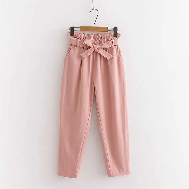 Été taille élastique pantalons décontractés femmes avec ceinture coton harun femmes rose dames large 210925