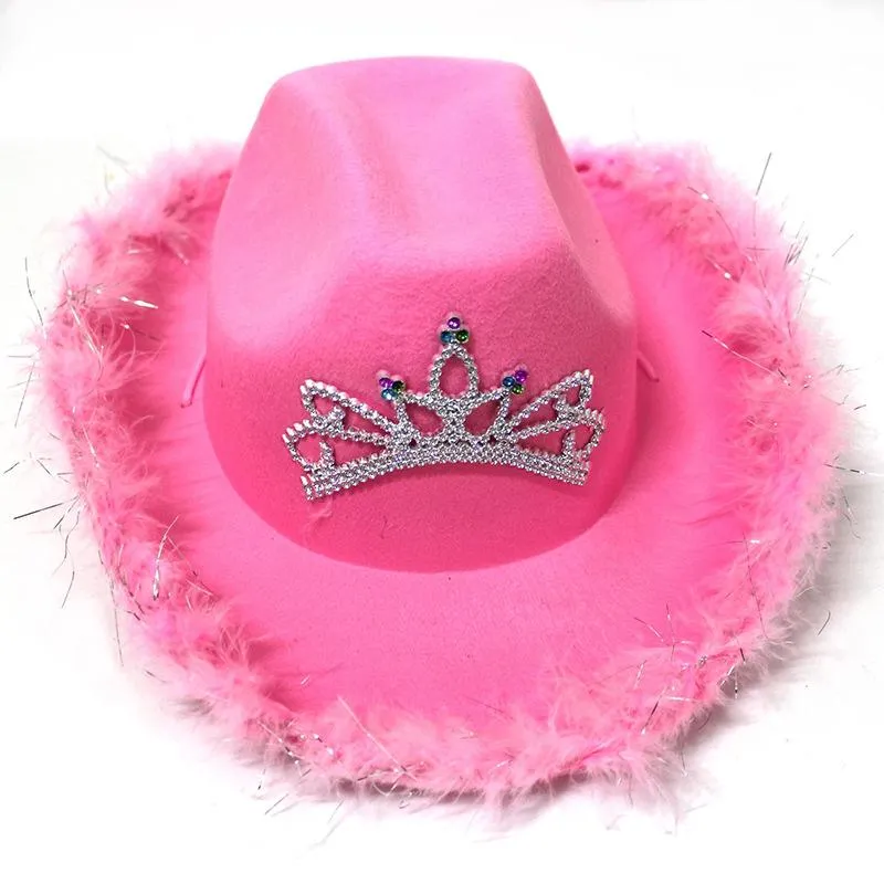 Gierig Rand Hoeden Roze Cowgirl Voor Vrouwen Koe Meisje Met Tiara Hals Trekkoord Vilt Cowboy Kostuum Accessoires Feesthoed spelen Jurk 293O