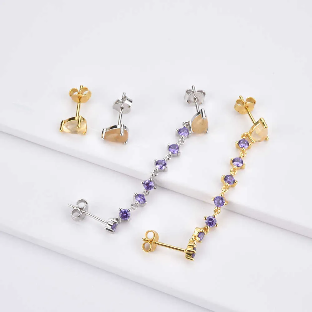 ANDYWEN 925 Sterling Silver Gold Chain Purple Zircon Stud Earring Rock Punk Luxury Fashion Jewelry Piercing Ohrringe 210608