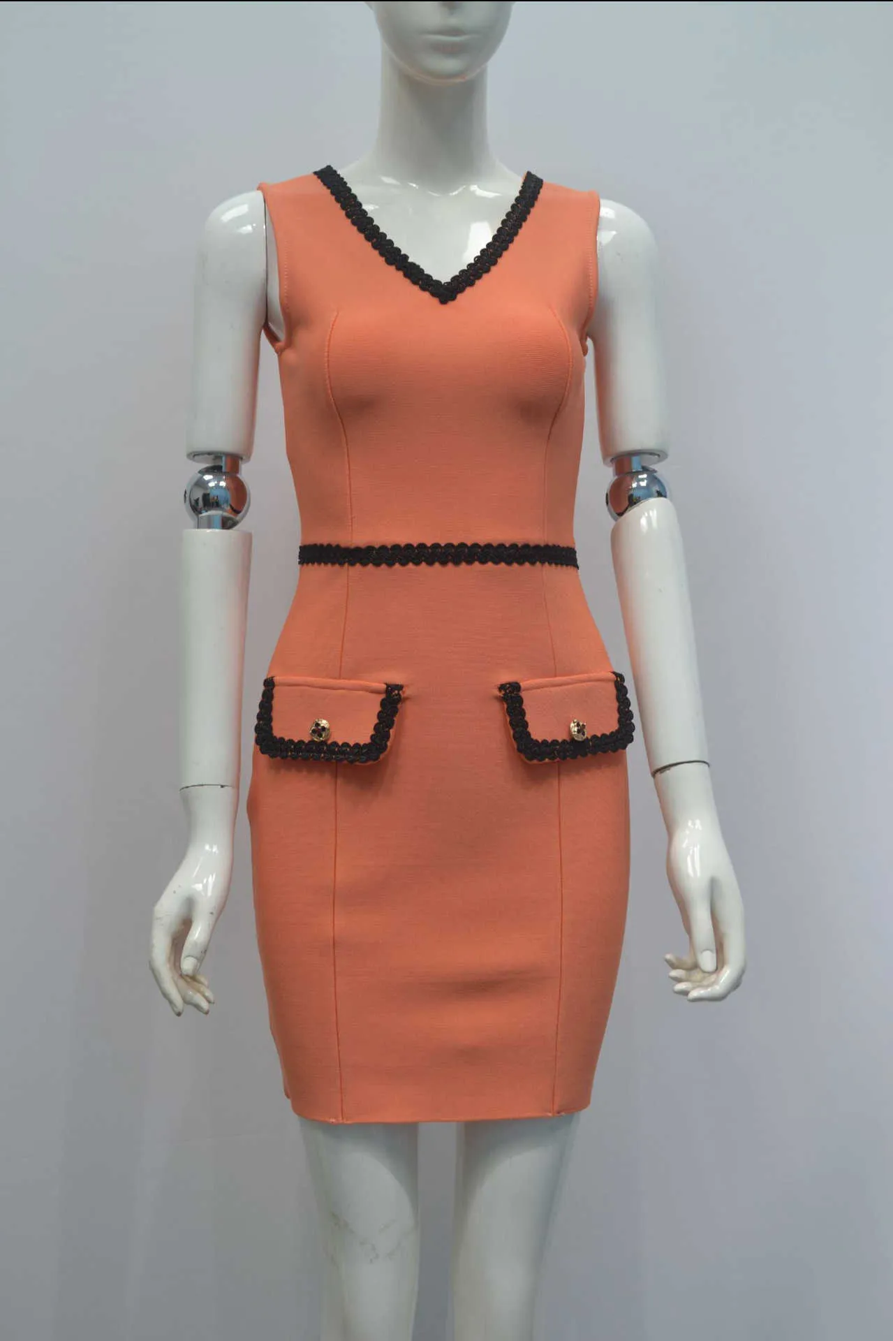 Sommer Frauen Sexy Verband Kleid Orange Mode V-ausschnitt Ärmellose Nähte Bodycon Promi Party Mini Kleid Vestidos 210625