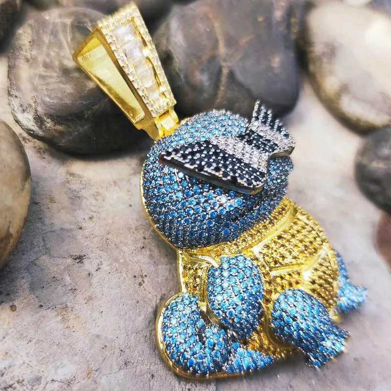 Подвесные ожерелья Hip Hop Cz Stone Paved Bling Iced Out Золотой цвет прохладные мультипликационные черепахи для мужских ювелирных украшений 2208
