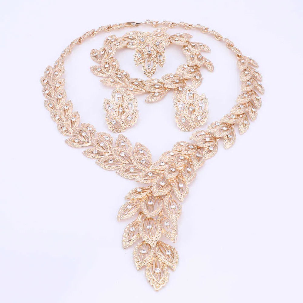Jewelry Sets For Women Fine Crystal Necklace Earrings Bracelet Set African Beads Gold Color Pendant Wedding Dress Accessories H1022
