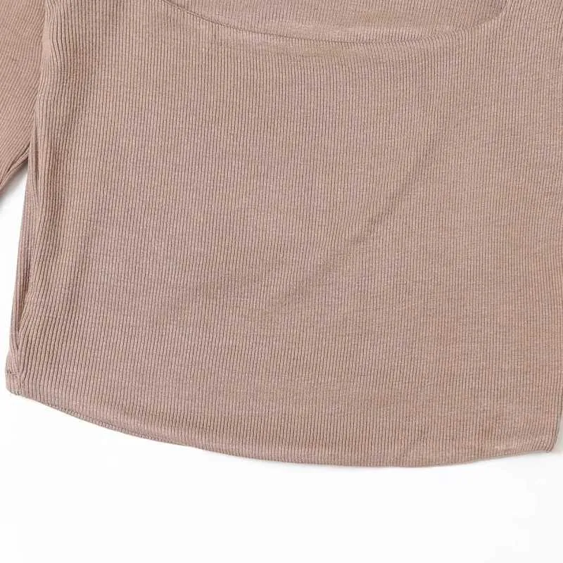 Herbst Frauen Quadrat Kragen Stricken Kurzes T-shirt Casual Femme O Hals Langarm Crop Tops T1380 X0628