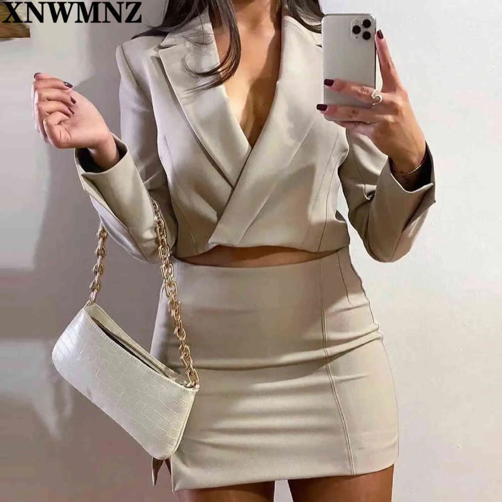 XNWMNZ Za 2-teiliges Set für Damen, modisch, Büro, kurze Blazer, Jacken und Miniröcke mit hohem Bund, seitlich geteilte Gabel 211122