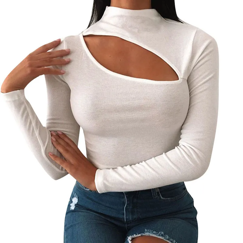 Frauen T-Shirt Langarm Rollkragen Solid Hollow Out Weiß Grün Basic Sexy Damen Clubwear Streetwear Tops 210522