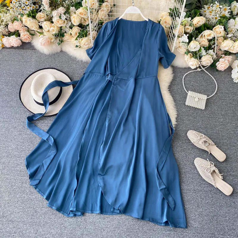 Women French Sweet Wrap Dress Summer Loose Lace up V Neck A-line Solid Dress Elegant Romantic Chic Midi Beach Dress 210419