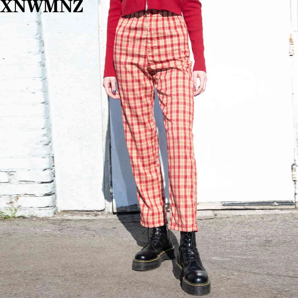 Rood geruite broek vrouw hoge taille brede been ins plaid zomer vrouwen verticale casual lang 210510