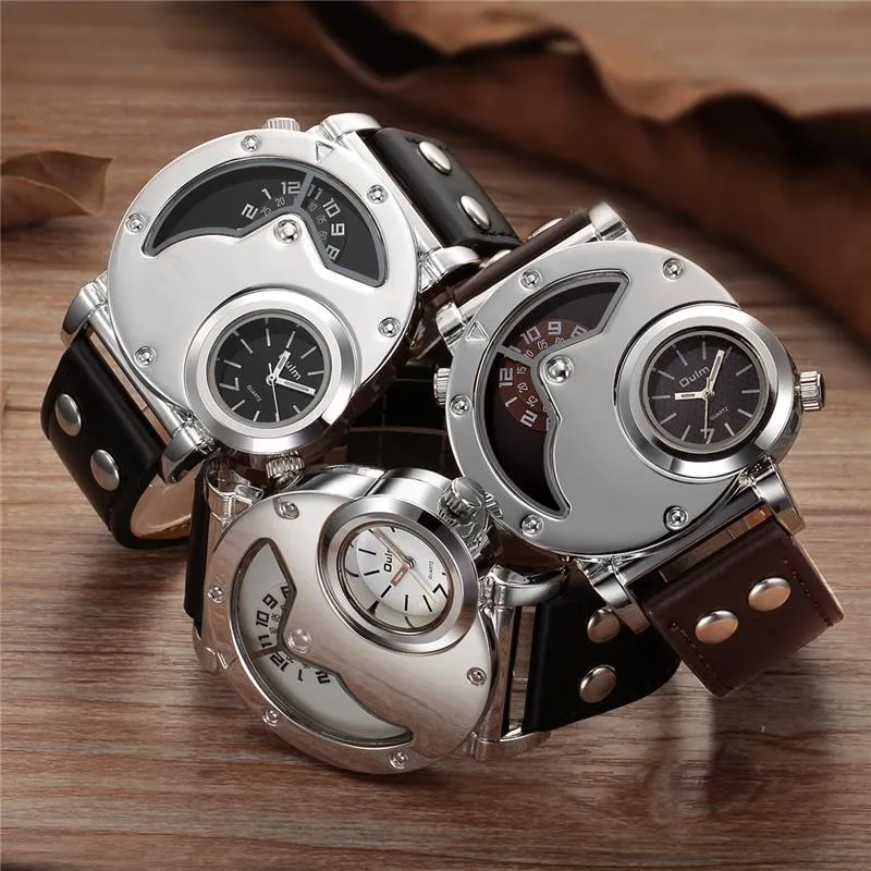 Oulm Fashion Silver Case Men's Watches Dual Time Zone Pu Leather Wristwatch Casual Sports Male Watch Relogio Masculino Wristw3040