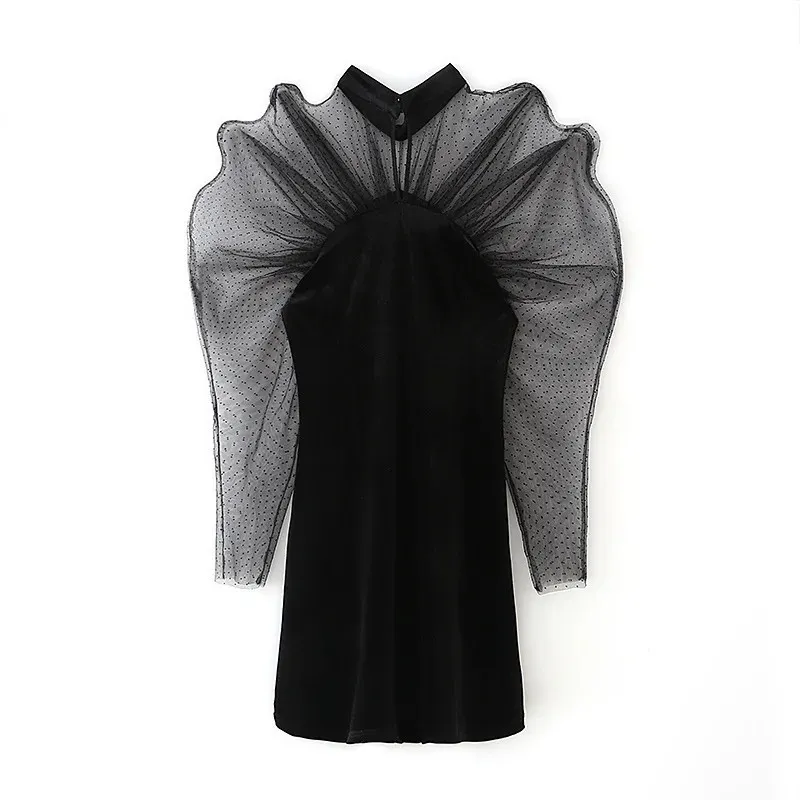 Mesh Noir Velvet Robe Femmes Tulle Semi Sheer Houe Puff longue Mini Parti Fête Es Mesdames Vintage Sexy 210519