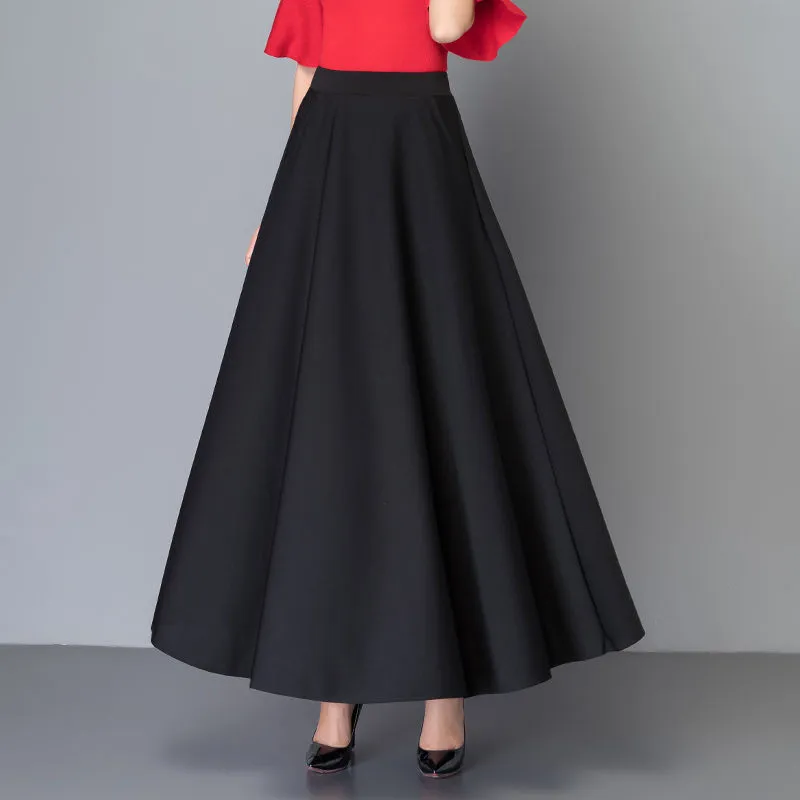 Élégant Plus La Taille 3xl Jupe Plissée Coréen Rouge Noir Solide Couleur Jupes Longues Femmes Taille Haute Vintage Big Swing Bureau Maxi Saia 210421