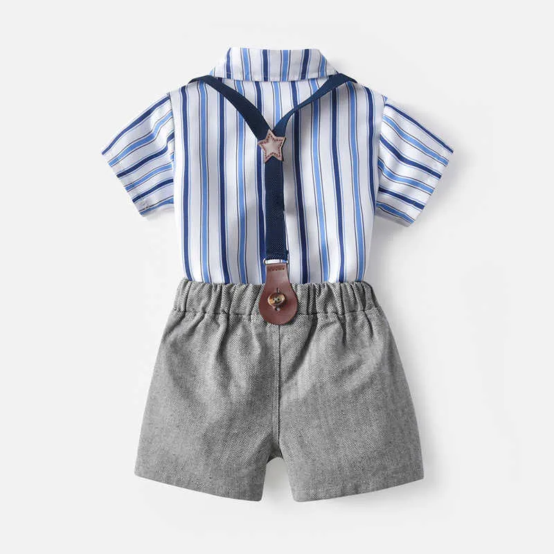 Bear Leader sommar baby pojkar kläder sätter mode barn randiga bowtie skjortor och suspender shorts outfits barn kostym 210708
