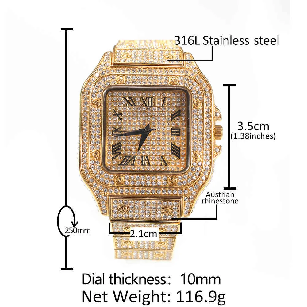 Reloj de cuarzo a escala romana de Hip hop, reloj de moda con esfera cuadrada y diamantes completos, relojes de oro a la moda, joyería s293h