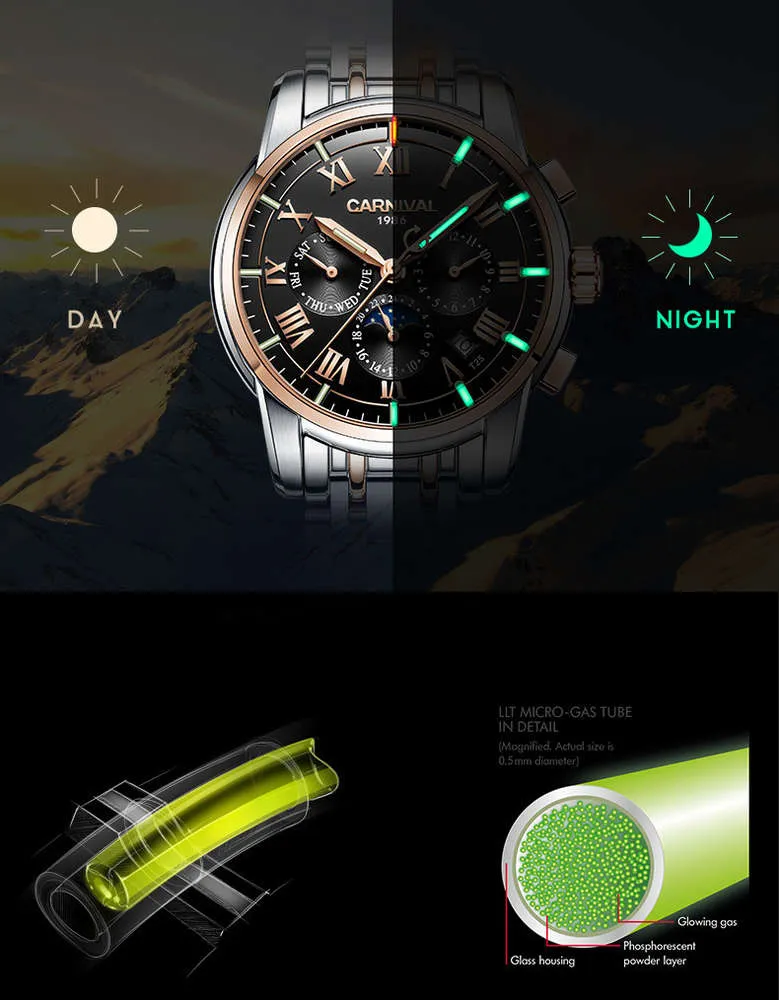 Gentleman Automatic Self-wind Wrist Watch Genuine Carnival Wristwatch Self-luminous Night Light 8799G Men's Tritium Watch275a