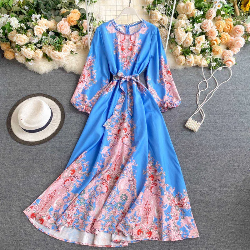 Mulheres Vintage Imprimir Vestidos Longos Europeu Impresso Court Bubble-manga Asa Vestido Vestidos de Fiesta 210715