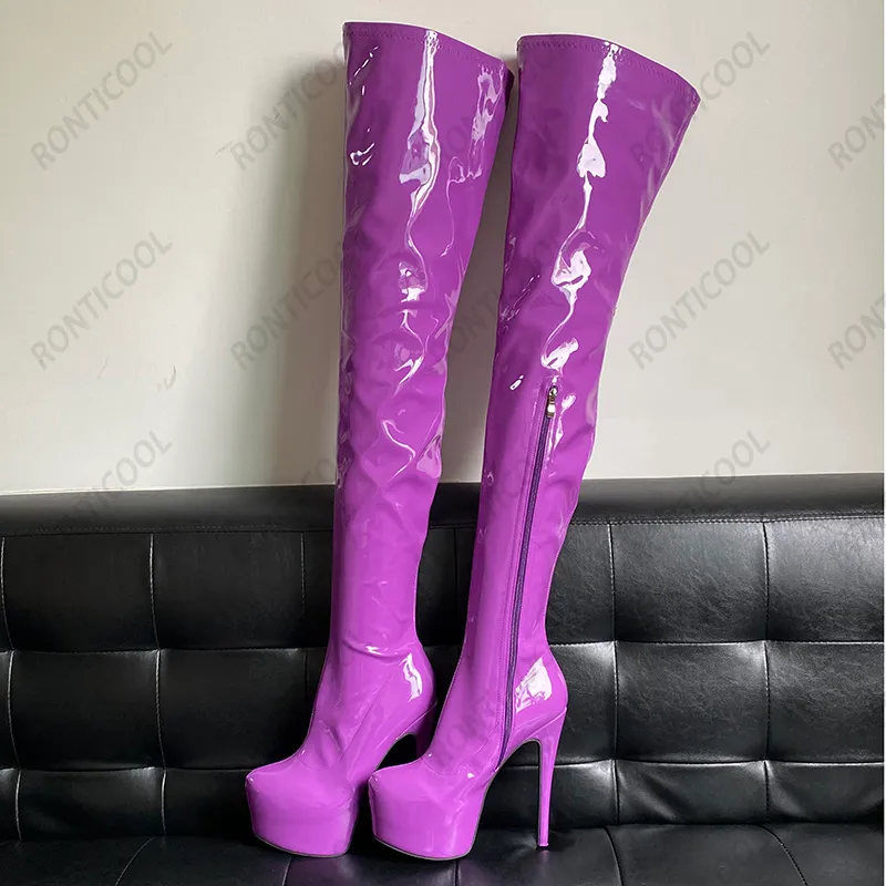 Rontic femmes plate-forme brillant cuissardes unisexe fermeture éclair latérale talons aiguilles bout rond Fuchsia noir Cosplay chaussures nous taille 5-20