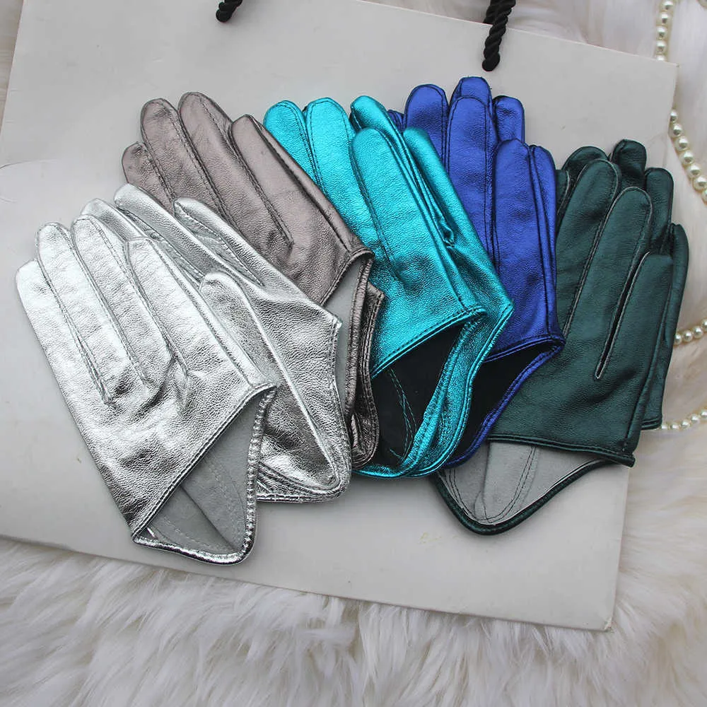 Men's Half Palm Gloves Real Leather Color Patent Leather Glove Fashion Stage Men's Motorcycle Gloves Sheepskin Customization New H1022