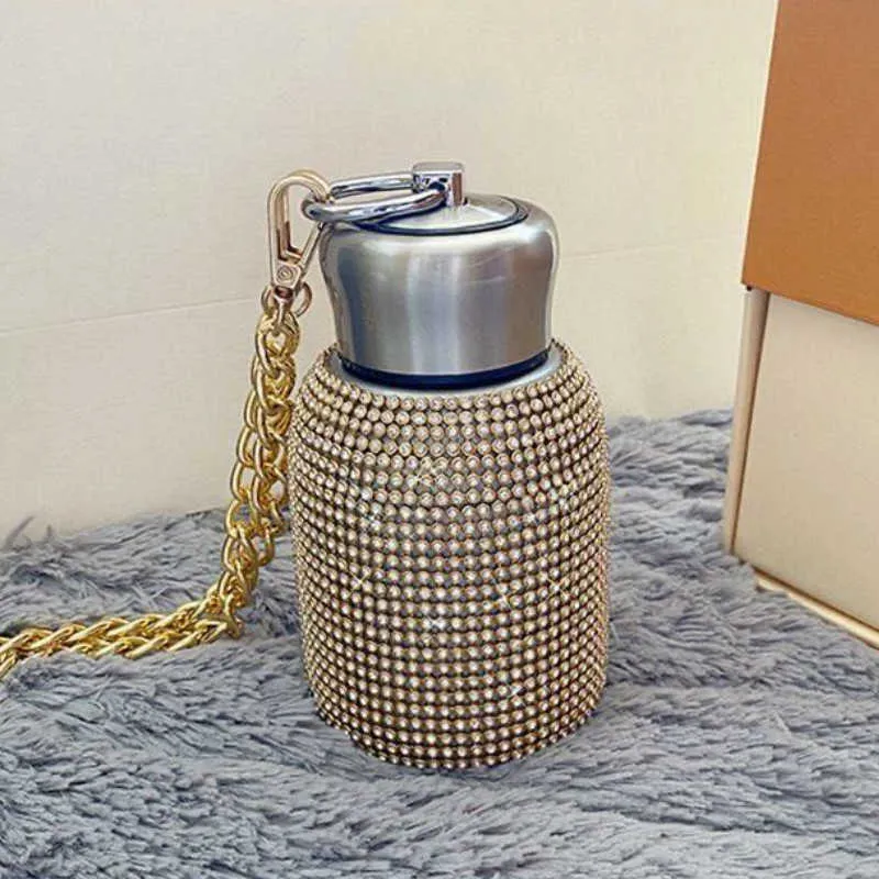 Bottiglia da thermos da 220 ml con diamante creativo con catena in acciaio inossidabile con boccetta sottovuoto regalo uomo donna bottiglie d'acqua 210907