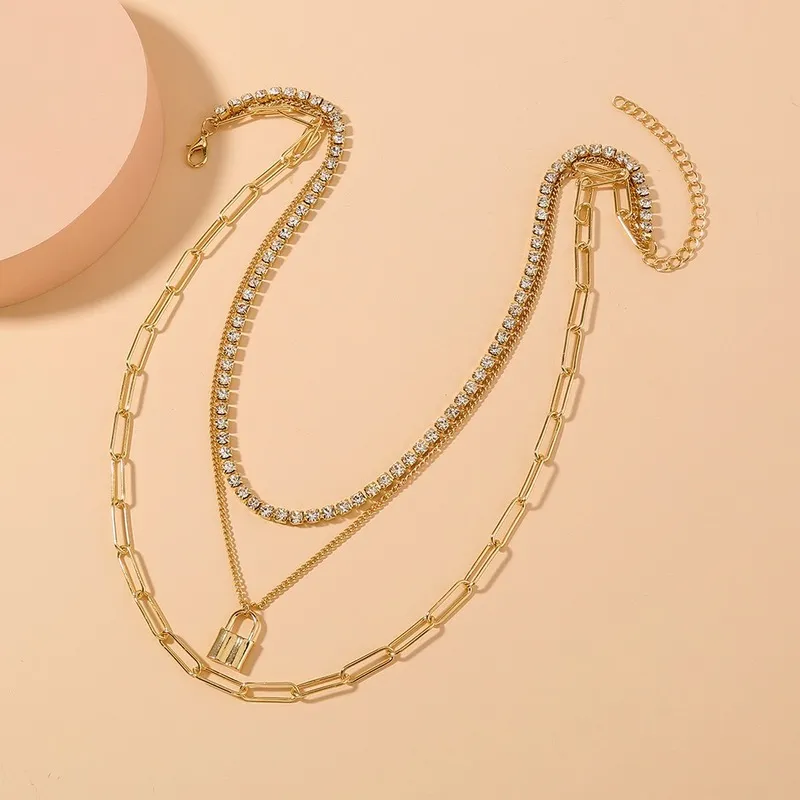 Or serrure pendentif colliers multicouches empilables glacé chaînes tour de cou collier collier pour femmes mode bijoux volonté et sable