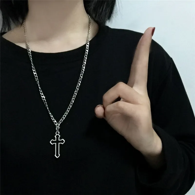 Vintage Gothic Hollow Cross Pendant Necklaces Silver Color Cool Street Style Necklace For Men Women Gift Wholesale Neck Jewelry