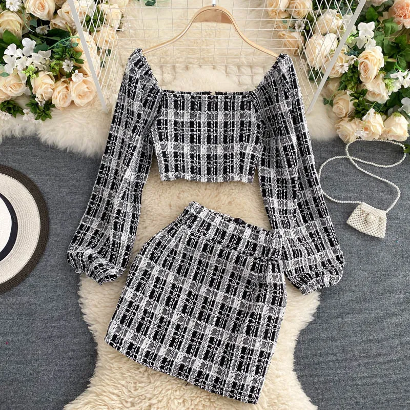 Höst Koreanska Vintage Plaid Two Piece Set Kvinnor Zipper Crop Top + Bodycon Mini Skirt Fashion 2 Outfits för kostymer 210514