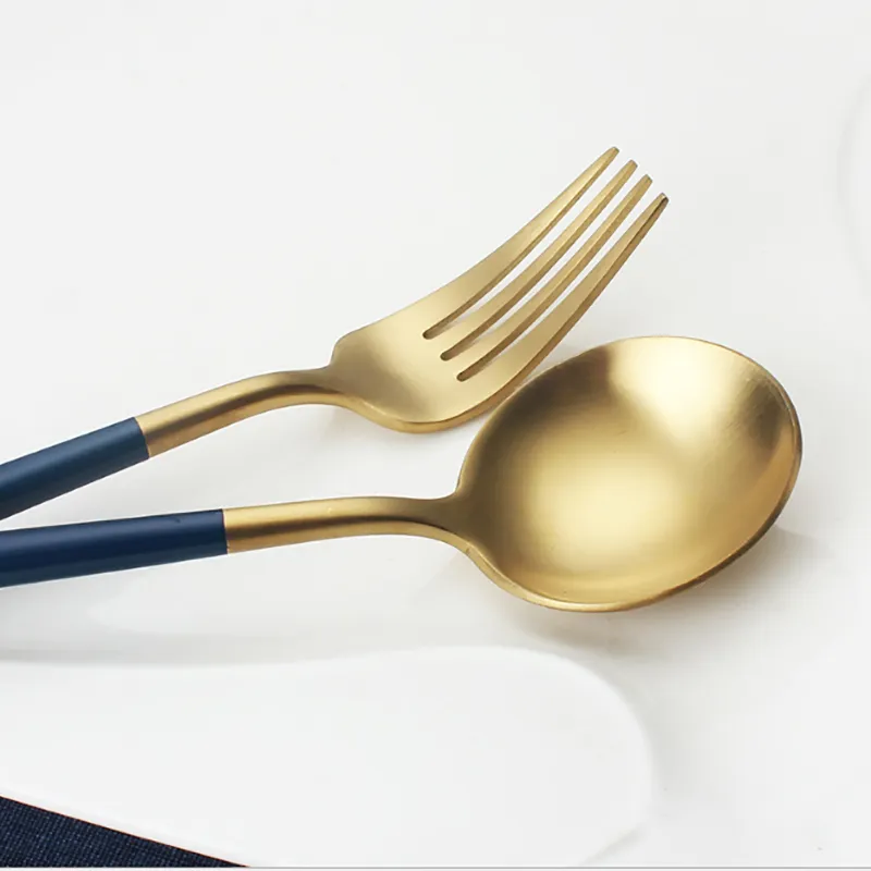 Cutlery Set Steak Kitchen Food Tableware Dinner Stainless Steel Brushed Titanium High Quality Luxury Blue Gold 210423