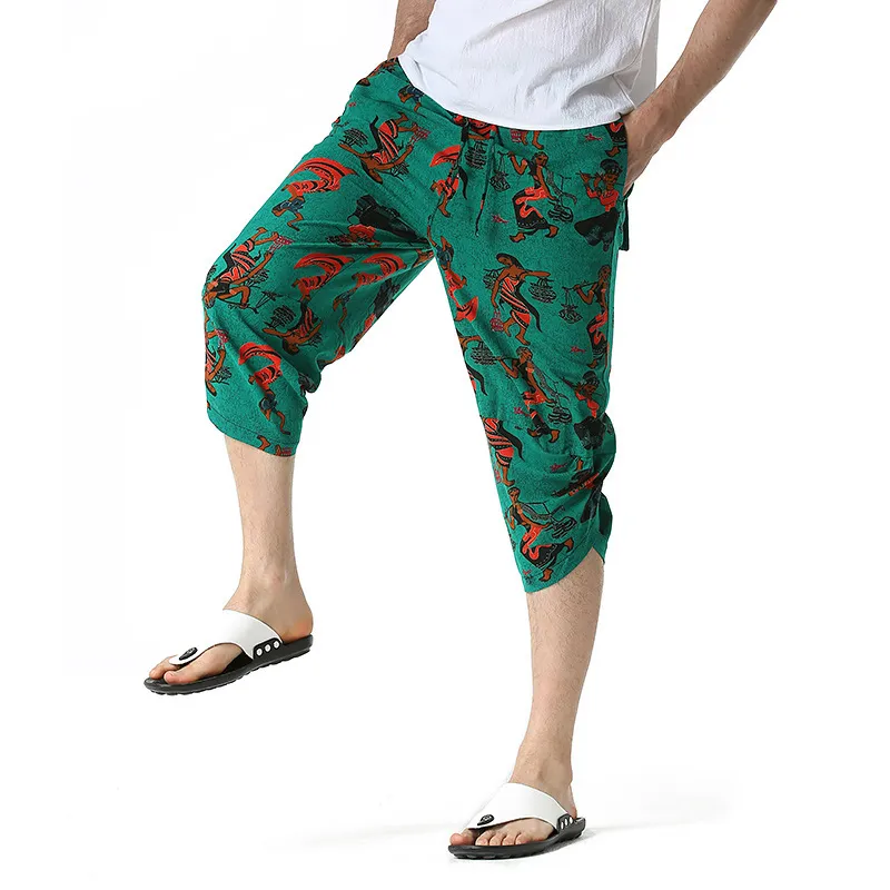 Yeşil Erkek Pantolon Keten Buzağı Uzunlukta Baskı Pantolon Erkekler Hawaii Baggy Harem Pantolon Rahat Nefes Harajuku Streetwear 210524