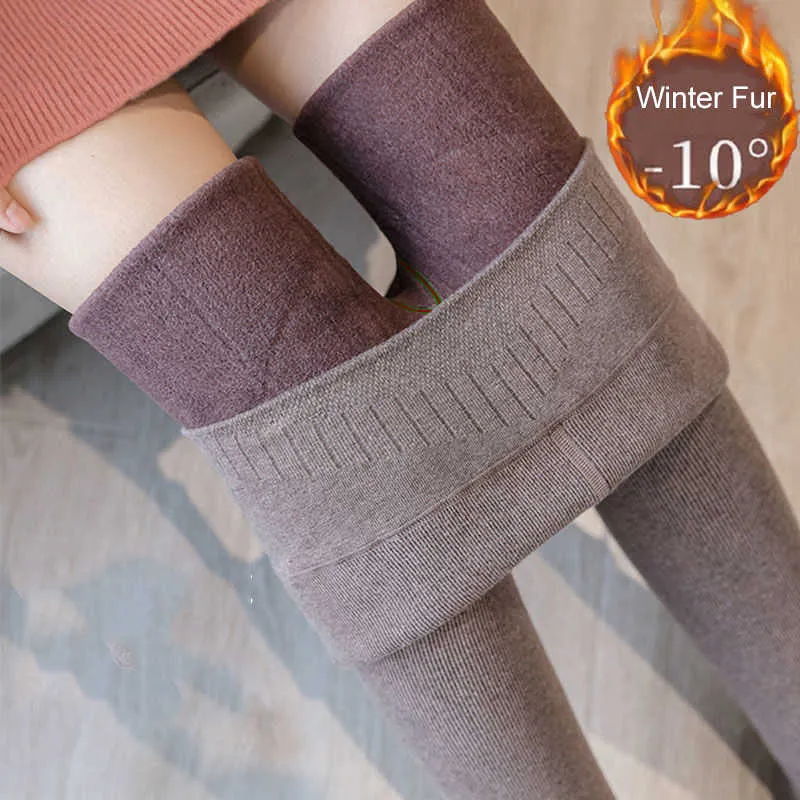 Inverno -10 Celsius Leggings in pelliccia Pantaloni caldi neri Pantaloni streetwear a vita alta 210531