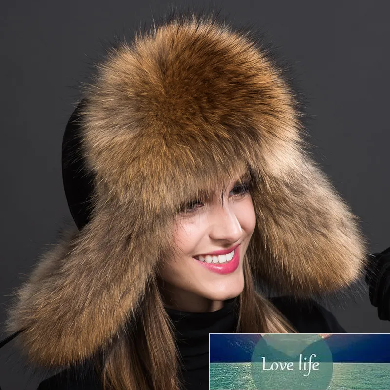 Inverno quente senhoras 100% real pele de guaxinim chapéu russo pele real bombardeiro chapéu com orelha abas para mulher fábrica especialista design qual300o