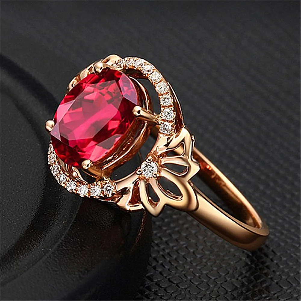 Moda Kwiat 3 Czerwony Kryształ Ruby Gemstones Diamenty Pierścienie Dla Kobiet Rose Gold Color Biżuteria Bague Bijoux Party Prezenty