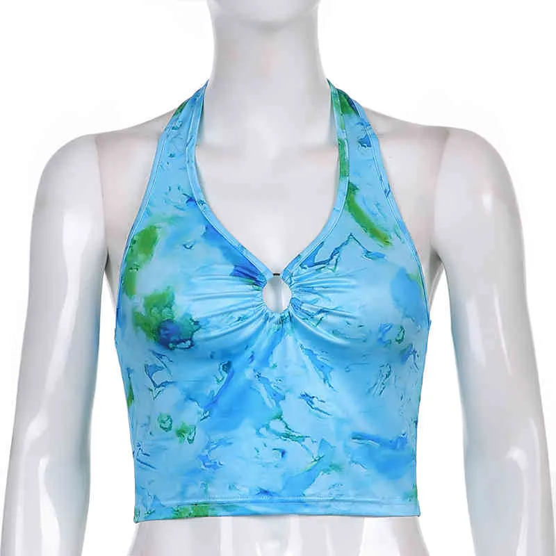 Tie Dye Printed Y2k Crop Top Halter Tanks Summer Clothes For Women Backless Corset Girls Shirt Female Party Tee Beachwear 210510
