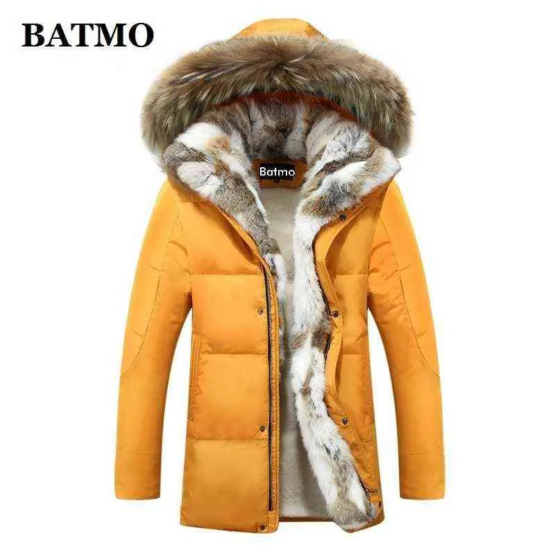 バットモ到着冬のウサギの毛皮の襟80％ホワイトアヒルダウンフード付きジャケット男性、プラスサイズS-5XL 211104