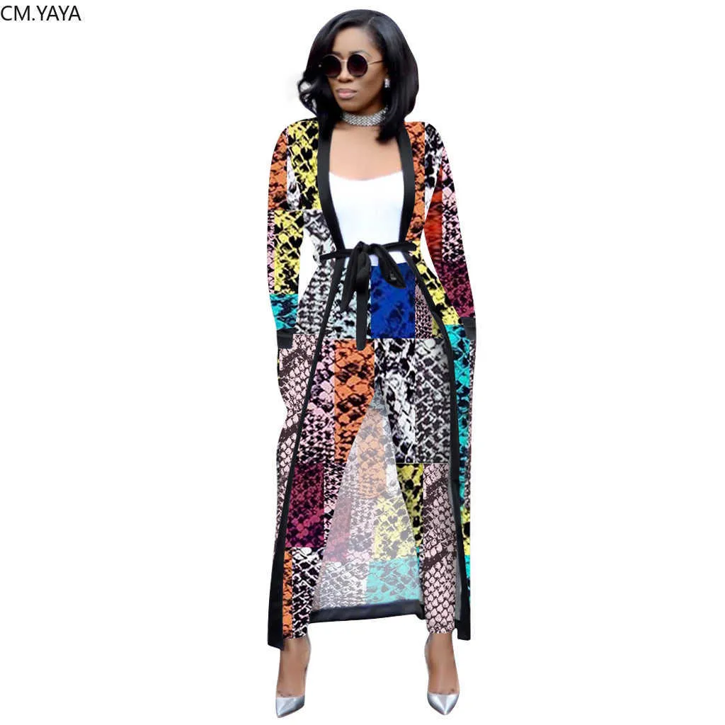 Höst Winter Women's Set Full Sleeve Long Cape Coat Sashes Byxor Sexig Fashion Print OL Two Piece Outfits Tracksuits 3535 210930